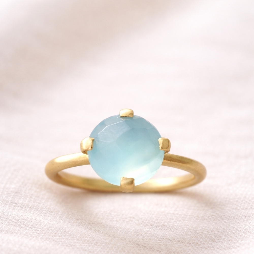 Aqua Chalcedony Ring – Faceted Blue Gemstone in Gold-Tone Prong Setting, Size 6